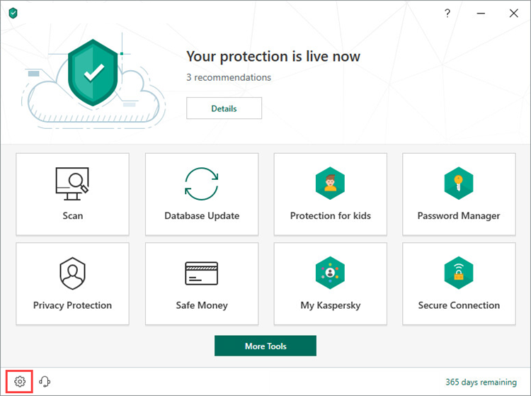 Opening the Settings window in Kaspersky Total Security 19